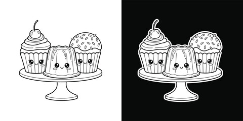Cute cartoon cupcake and jelly pudding on cake stand isolated on white background for coloring book or page for kids