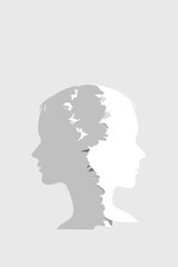 Abstract dual silhouette of two faces in white and gray tones, symbolizing inner conflict, duality, trauma, and emotional balance in a minimalist conceptual art style.
