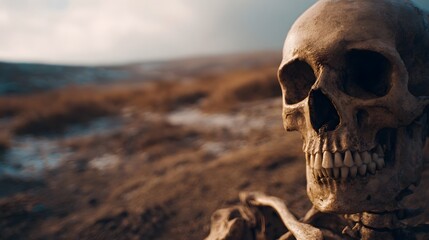 A weathered human skeleton rests in a desolate barren landscape under a moody cloudy sky