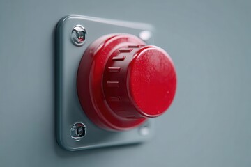 Red Emergency Stop Button Protruding on Industrial Panel