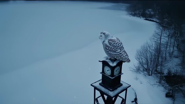 A snowy owl perches atop a clock tower, overlooking a snow-covered landscape with falling snow