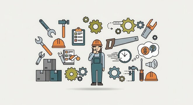 A female worker is surrounded by icons of tools, gears, and checklists. This illustration represents project management, industrial workflow, and problem-solving, ideal for business presentations.