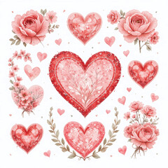 Watercolor Valentine’s Day set in pink and red tones with hearts and flowers on a white background — perfect for cards, prints, and decor