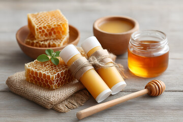 Natural Lip Balm Tubes Wrapped in Fabric Twine Surrounded by Honeycomb, Beeswax, and Jar of Honey, Concept of Organic Skincare and Eco-Friendly Beauty Products