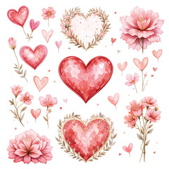 Watercolor Valentine’s Day set in pink and red tones with hearts and flowers on a white background — perfect for cards, prints, and decor