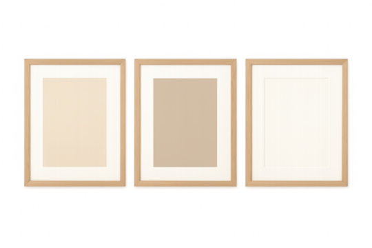 Three wooden empty picture frames mockup with mat