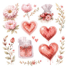 Watercolor Valentine’s Day set in pink and red tones with hearts and flowers on a white background — perfect for cards, prints, and decor