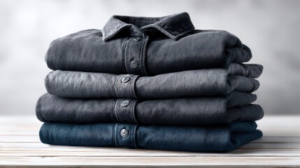Stack of neatly folded dark blue shirts on wooden surface