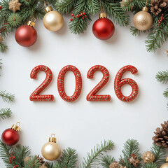 Christmas composition with “2026” text surrounded by fir branches, ornaments, and holiday decor — perfect for festive prints and design
