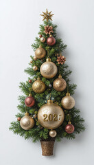 “2026” inscription beautifully placed on a decorated Christmas tree among ornaments and lights, perfect for festive prints and holiday projects