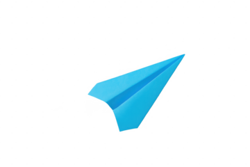 A bright blue paper airplane in flight symbolizing travel dreams and imagination isolated on transparent background