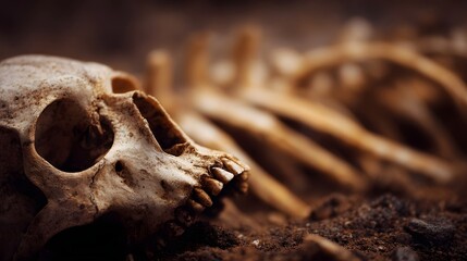 Ancient primate skull and skeletal remains unearthed in dark soil evoking themes of mortality and history