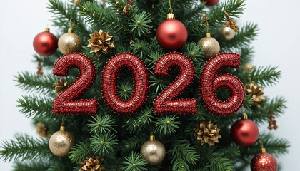 “2026” inscription beautifully placed on a decorated Christmas tree among ornaments and lights, perfect for festive prints and holiday projects