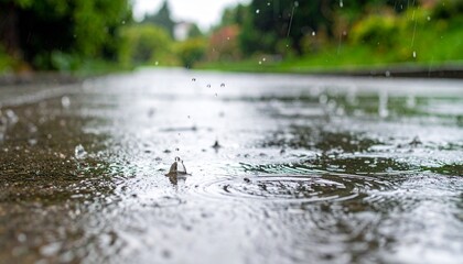 Fototapeta premium Close-Up of Rain Falling into Puddle Outdoors