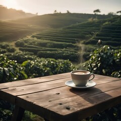 a cup of coffee with a coffee plantation in the background
