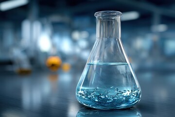 Clear liquid in a glass flask during a laboratory test