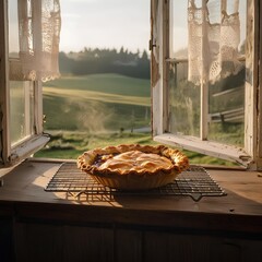 a pie cooling on the windowsill of a country house