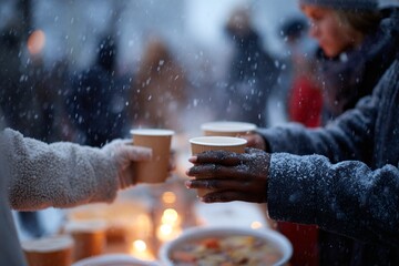 Charity volunteers serving warm soup and drinks at winter outdoor event