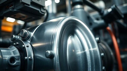 piston. Close-up of industrial hydraulic machine, emphasizing metallic textures and workspace efficiency. safety posters.