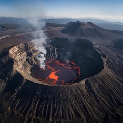 Aerial image of a volcano crater.