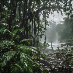 Scene of the Amazon rainforest on a rainy day.