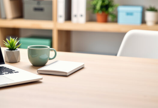 Cozy workspace with a laptop, notebook, and a green mug on a wooden table