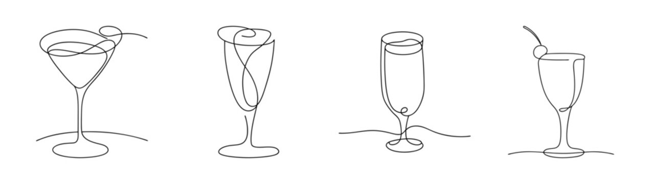 Four distinct line art drawings of eggnog glasses in various styles