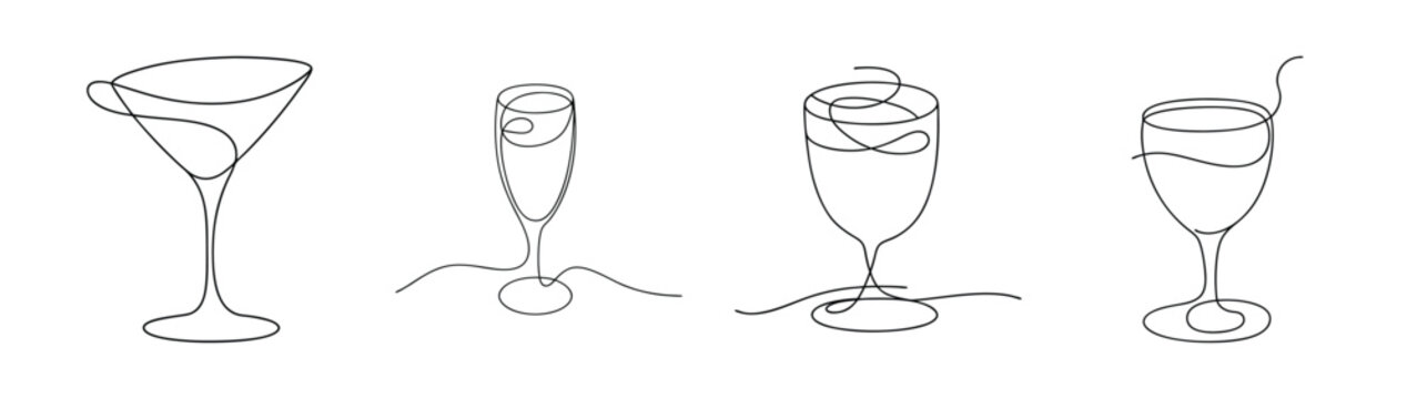 Four elegant glassware designs featuring various cocktail and dessert styles