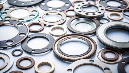 Various Mechanical Gaskets and Seal Rings Arranged on White