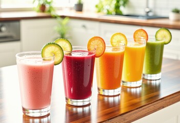 Fototapeta premium Colorful assortment of fresh fruit smoothies in clear glasses on a wooden table