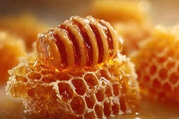 Close-up of golden honey dripping over honeycomb cells