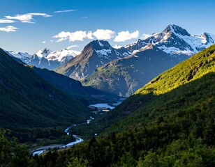 Scenic mountainous landscape featuring a river and forested valley