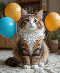 Cute cat sitting in a room surrounded by colorful birthday balloons, perfect for children’s illustrations, cards, posters, and creative art