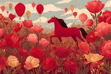 Celebration of the Chinese New Year 2026 with a red fire horse