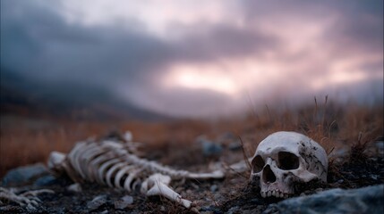 Skeleton and skull on desolate ground under a dramatic cloudy sky at dawn