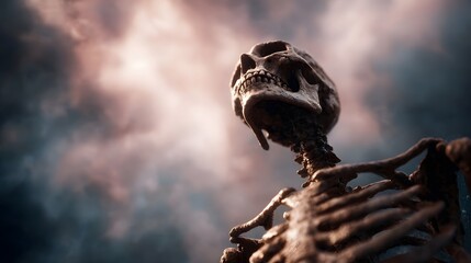 Obraz premium A detailed human skeleton emerges from a dramatic ominous sky at dawn evoking themes of mortality and the unknown
