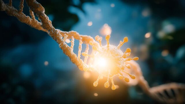 Dynamic DNA strand interacts with a virus cell, showcasing genetic research and medical advancements, ideal for science and health projects - Powered by Adobe