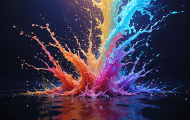 Realistic image of colorful neon water splash and droplets on a dark background &mdash; perfect for modern design, advertising, and creative art projects
