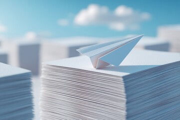 Paper Airplane Resting on a Stack of White Paper Sheets