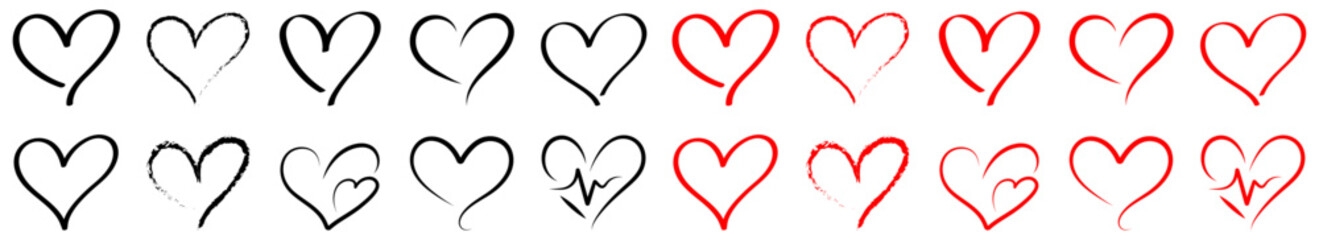 Romantic heart shape outline set in black and red colors showing different love symbols, ideal for Valentine, wedding, and romantic decoration designs. heart, doodle, valentine, vector, icon