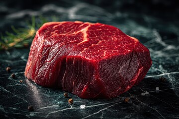 Raw Beef Steak with Visible Fat on a Dark Marble Surface