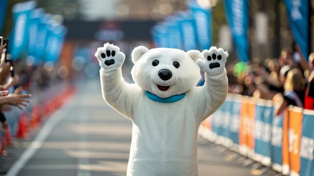 Cheerful polar bear mascot costume leads polar bear plunge day charity run crowd along city street race route under blue flags and festive vibe, 