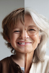 Contrast portrait merging a childs joyful face with an elders wise gaze. Represents life cycle, aging, legacy, time, family bonds. Suitable for health, finance, and social issues.
