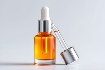 Hair Serum Dropper Bottle with Orange Liquid on White Surface, Glossy Silver Cap, Nourishing and Protective Hair Care Product for Shine and Smooth Texture