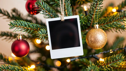 Blank black polaroid hanging on Christmas tree with bokeh background