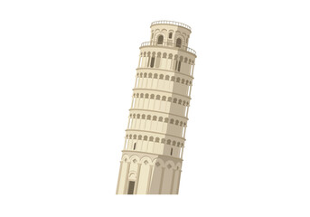 Leaning beige tower with tiered architecture and multiple arches against a plain white background