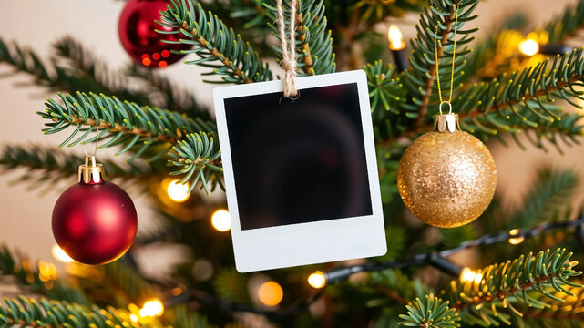 Blank black polaroid hanging on Christmas tree with bokeh background