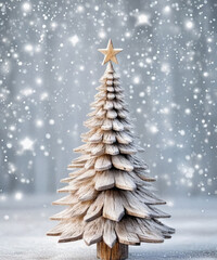 A rustic wooden Christmas tree stands elegantly against a frosty silver background, evoking a cozy holiday spirit.
