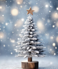 A rustic wooden Christmas tree stands elegantly against a frosty silver background, evoking a cozy holiday spirit.