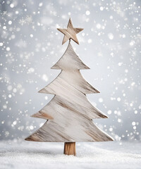 A rustic wooden Christmas tree stands elegantly against a frosty silver background, evoking a cozy holiday spirit.